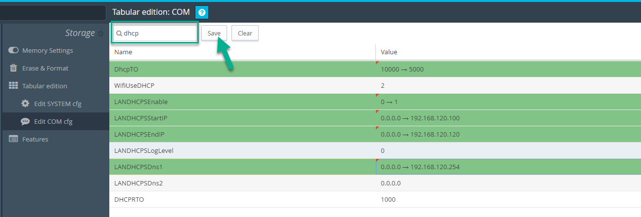 Tabular edition - Communication parameters